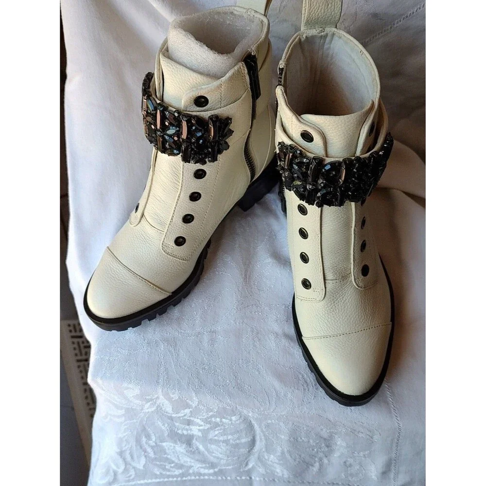 Karl Lagerfeld Women's Pippa Lug Sole Combat Boot Black Rhinestones Size 6